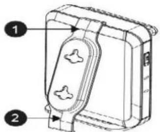 Technical diagram of a device with labeled parts, showing internal components and mounting features