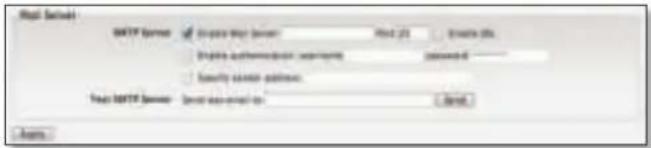 Mail Setup SMTP Server Enable http server: First 21 Browse site Enable authentication requirements: password: Security access address: Float SMTP Server: Next user-mail to: < Print> Options: