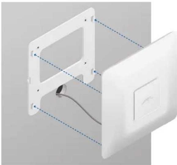3D diagram of a white electronic device with a cable and indicator lights, connected by dashed lines (no text or symbols)