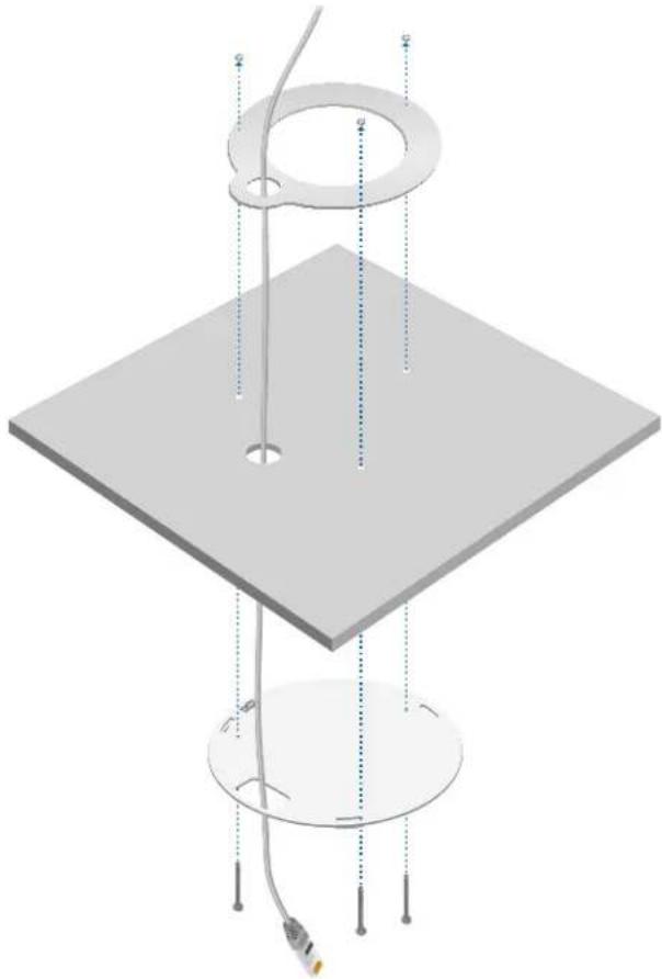 3D diagram of a mechanical assembly with a square plate, circular ring, and base platform (no text or symbols)