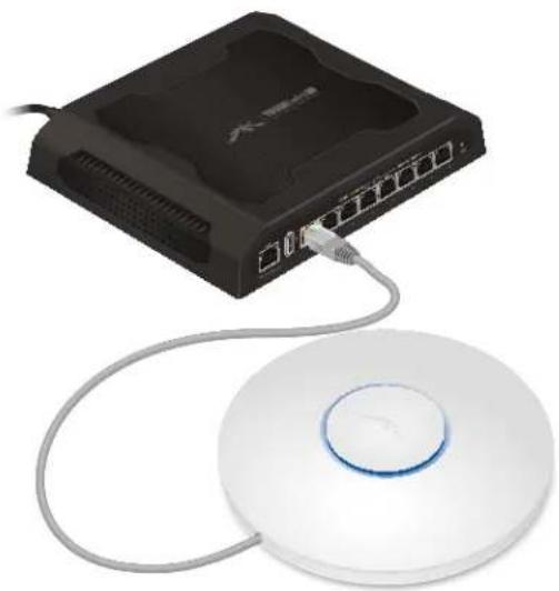 Black network router connected to a white circular CD/DVD with a blue indicator light (no text or symbols visible)