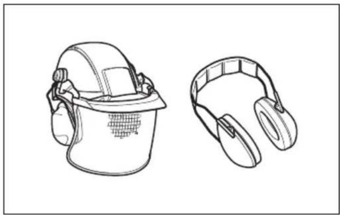Line drawings of two types of safety helmets, one full and one with mesh head cover (no text or symbols)