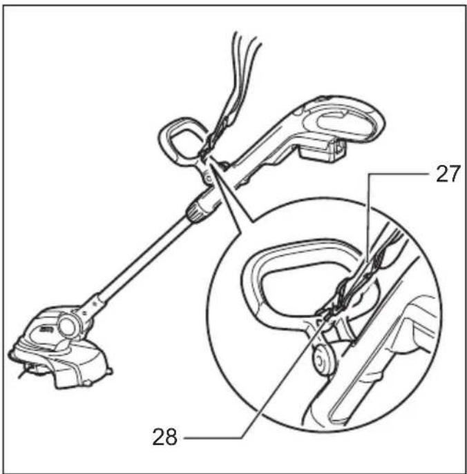Technical diagram of a hair clip device with labeled parts 27 and 28, showing mechanical components and assembly details.