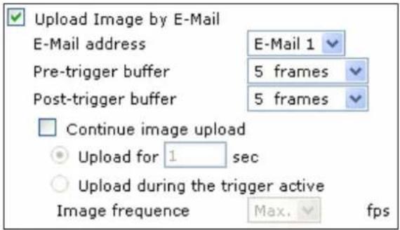 Upload Image by E-Mail E-Mail address E-Mail 1 Pre-trigger buffer 5 frames Post-trigger buffer 5 frames Continue image upload Upload for 1 sec Upload during the trigger active Image frequency Max. fps