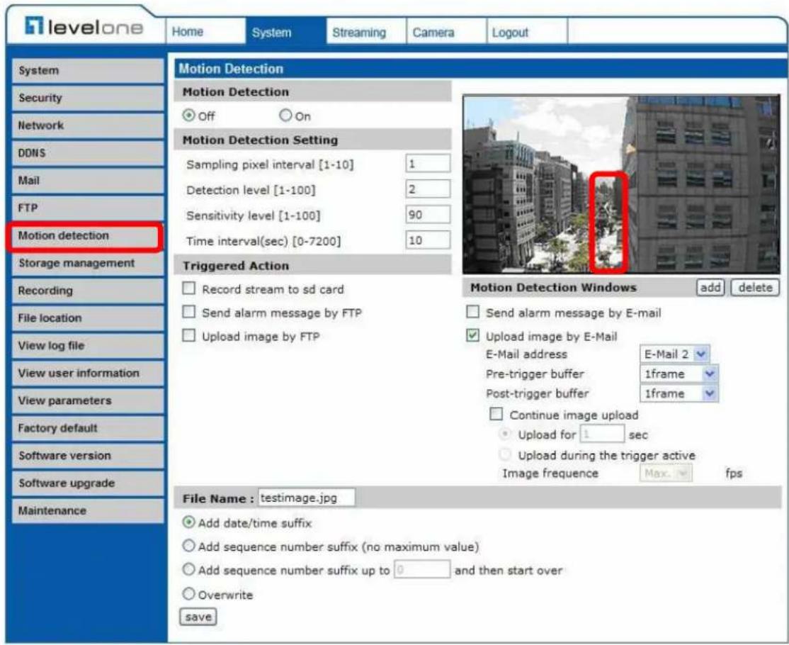 levelone Home System Streaming Camera Logout System Security Network DDNS Mail FTP Motion detection Storage management Recording File location View log file View user information View parameters Factory default Software version Software upgrade Maintenance Motion Detection Motion Detection Off On Mo…