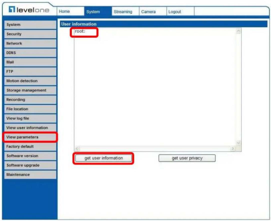 levelone Home System Streaming Camera Logout User information root: View parameters get user information get user privacy