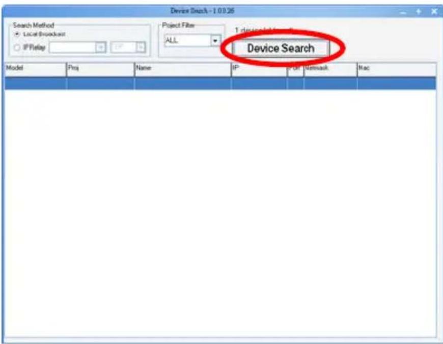 Device Search - 1.0.0.26 Search Method Local Broadcast IP Relay Project Filter ALL 1 device Search Device Search Model Proj Name IP P-Off Network Mac