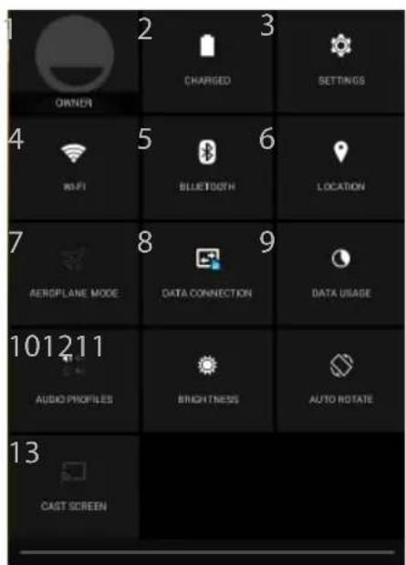 OWNER 2 CHARGED 3 SETTINGS 4 WiFi 5 BLUETDOTH 6 LOCATION 7 AEROPLANE MODE 8 DATA CONNECTION 9 DATA USAGE 10 AUDIO PROFILES 11 BRIGHTNESS AUTO ROTATE 13 CAST SCREEN