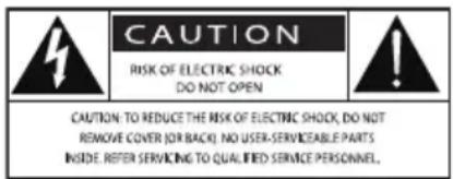 CAUTION RISK OF ELECTRIC SHOCK DO NOT OPEN CAUTION: TO REDUCE THE RISK OF ELECTRIC SHOCK, DO NOT REMOVE COVER (OR BACK), NO USER-SERVICEABLE PARTS INSIDE. REFER SERVICING TO QUALIFIED SERVICE PERSONNEL,