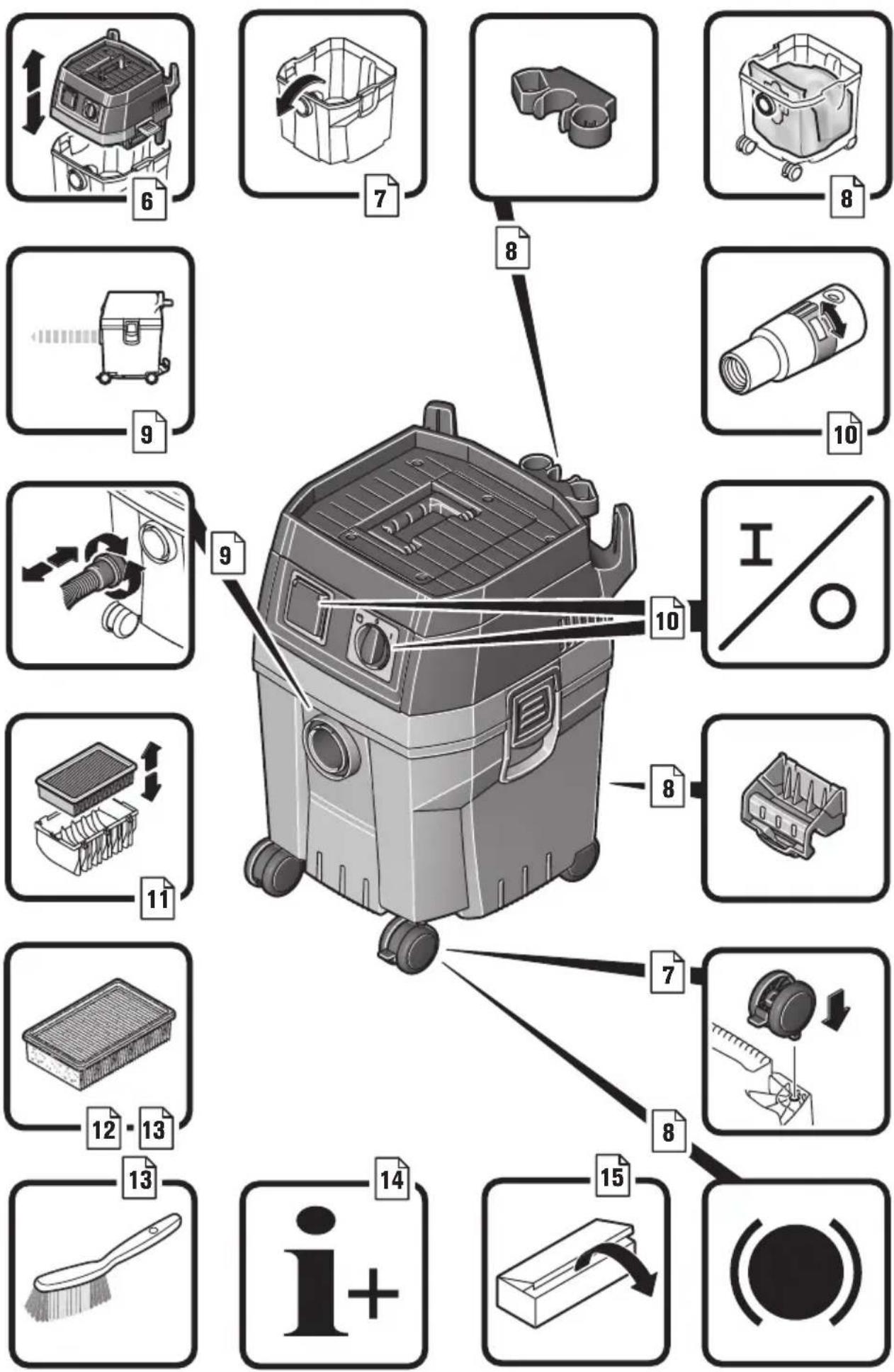 Diagram of a vacuum cleaner with 15 labeled parts and file icons, showing assembly steps from cleaning to cleaning.
