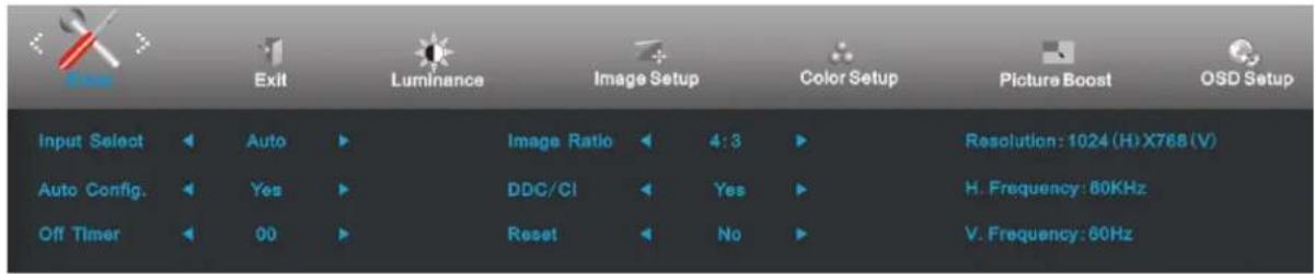 Exit Luminance Image Setup Color Setup Picture Boost OSD Setup Input Select Auto Image Ratio 4:3 Resolution: 1024 (H) X768 (V) Auto Config. Yes DDC/CI Yes H. Frequency: 80KHz Off Timer 00 Reset No V. Frequency: 80Hz