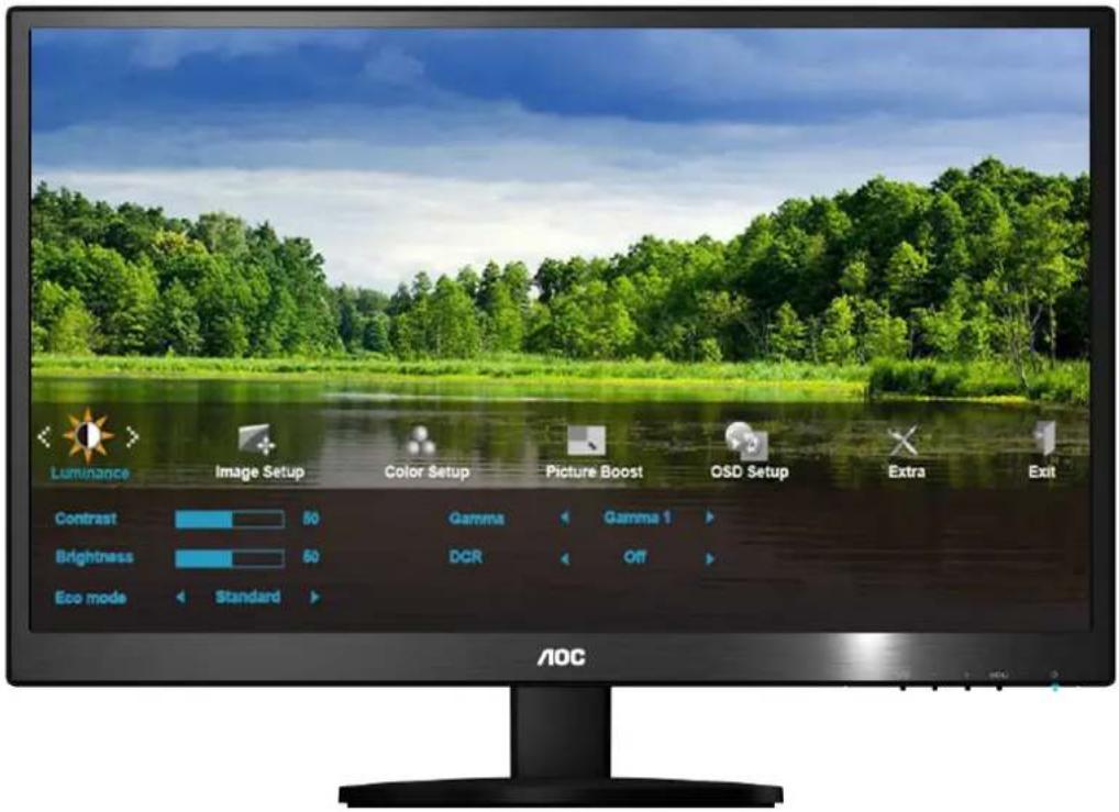 Luminance Image Setup Color Setup Picture Boost OSD Setup Extra Exit Contrast 80 Gamma Gamma 1 Brightness 80 DCR Off Eco mode Standard AOC