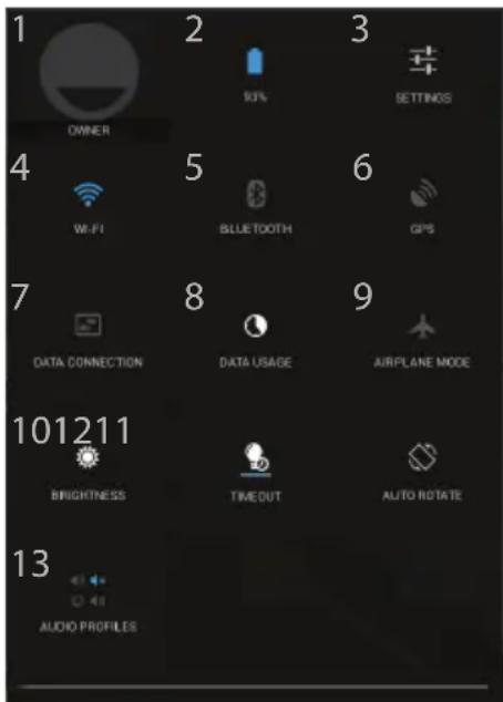 1 OWNER 2 90% 3 SETTINGS 4 Wi-Fi 5 BLUETOOTH 6 GPS 7 DATA CONNECTION 8 DATA USAGE 9 AIRPLANE MODE 10 11 BRIGHTNESS TIMEOUT AUTO ROTATE 13 AUDIO PROFILES