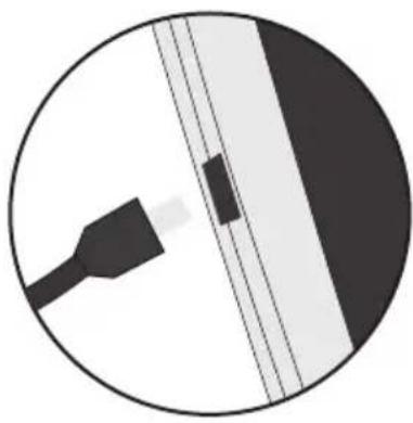 Circular diagram showing a black cable inserted into a rectangular component, with no visible text or symbols.