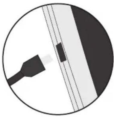 Circular diagram showing a black cable inserted into a rectangular component with diagonal lines (no text or symbols).