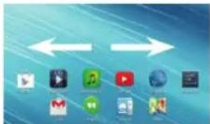 Screenshot of an iPad home screen showing app icons with bidirectional arrows and two overlapping buttons below.