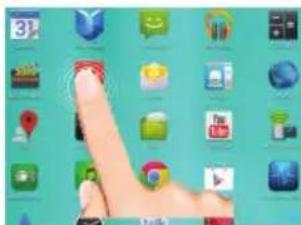 Hand interacting with a grid of app icons on a teal background, showing various UI elements and app names.