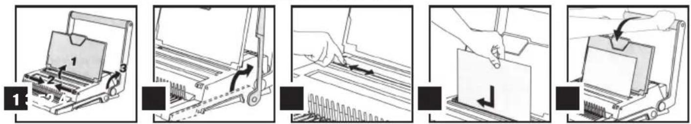 Diagram illustrating five sequential steps of a mechanical device processing process, labeled 1 to 4.