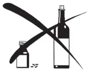Black and white illustration of wine bottles and a propeller crossed over, with scattered pills below (no text or symbols)