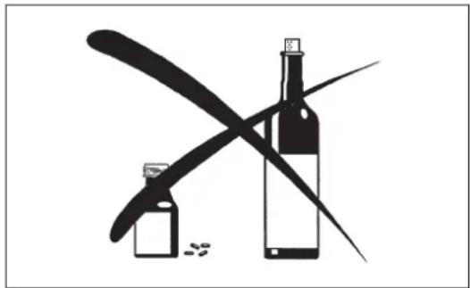 Black-and-white illustration of a wine bottle and a pen crossed over it, with scattered pills nearby (no text or symbols)