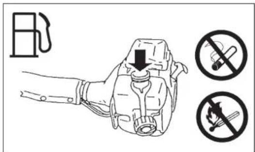 Diagram showing a hand holding a fuel pump with a downward arrow and two prohibition symbols below.