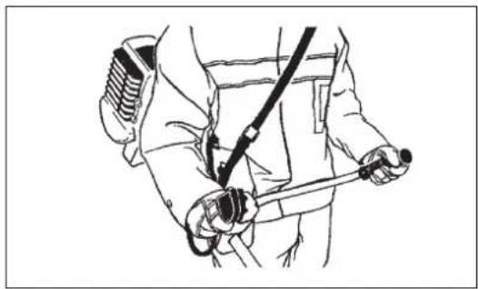 Line drawing of a person holding a medical device with attached bandages (no text or symbols)