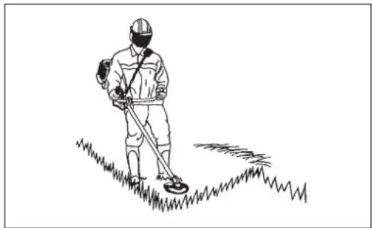 Line drawing of a worker using a metal detector on a slope (no text or symbols)