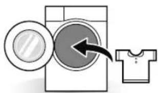 Diagram showing washing machine with a magnifying glass and arrow pointing to a T-shirt, illustrating the process.
