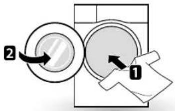 Diagram showing a washing machine with two circular components labeled 1 and 2, indicating a step in the process.