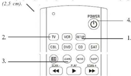 (2,5 cm). POWER TV VCR SETUP CBL DVD CD SAT CC LEARN MOVE SLEEP SCAN - PLAY SCAN + 4. 1. 3.