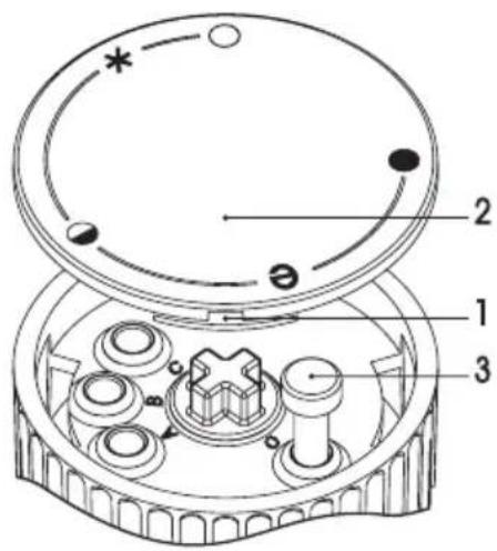 Technical diagram of a mechanical device with numbered components and labeled parts.