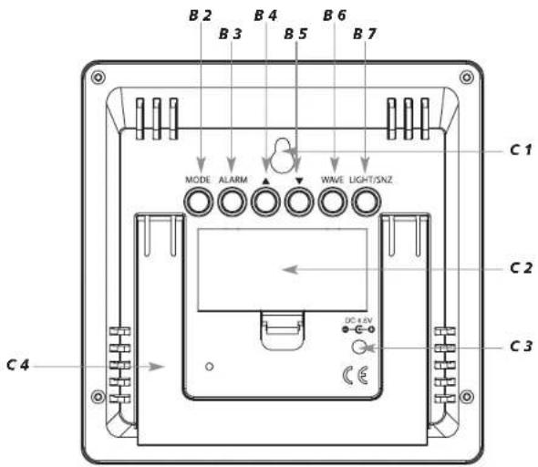 B 2 B 3 B 4 B 5 B 6 B 7 MODE ALARM WAVE LIGHT/SNZ C 1 C 2 C 3 C 4