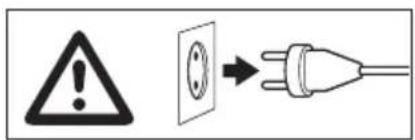 Warning symbol and electrical plug diagram showing a warning sign and a plug with three pins