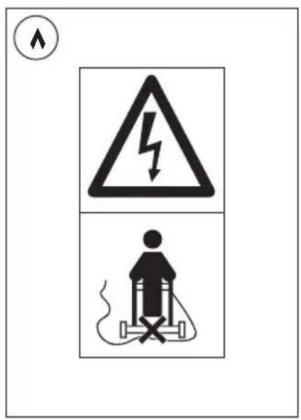 Safety warning sign showing lightning bolt symbol and hazard symbol with a person using a device