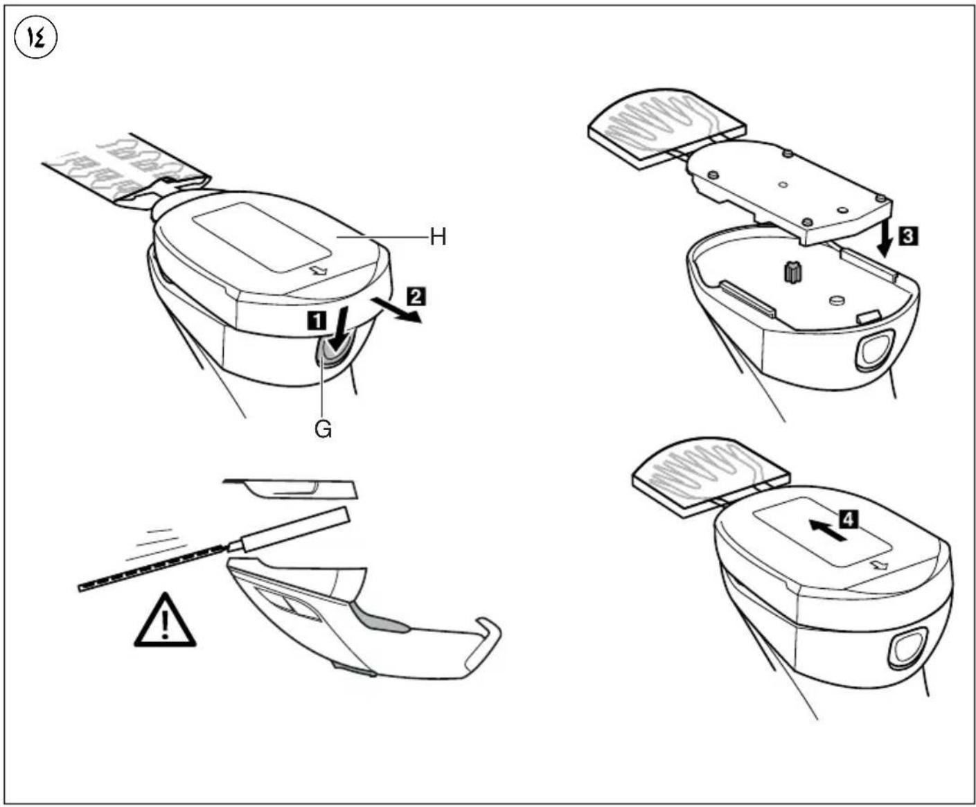 Technical diagram showing four steps of a robotic device with labeled parts and warning indicators