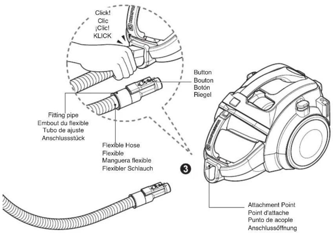 Klick Clic ¡Clic! Klick Riegel Bouton Botón Riegel Anschlussstück Embout du flexible Tubo de ajuste Anschlussstück Flexibler Schlauch Flexible Manguera flexible Flexibler Schlauch Anschlussöffnung Point d'attache Punto de acople Anschlussöffnung