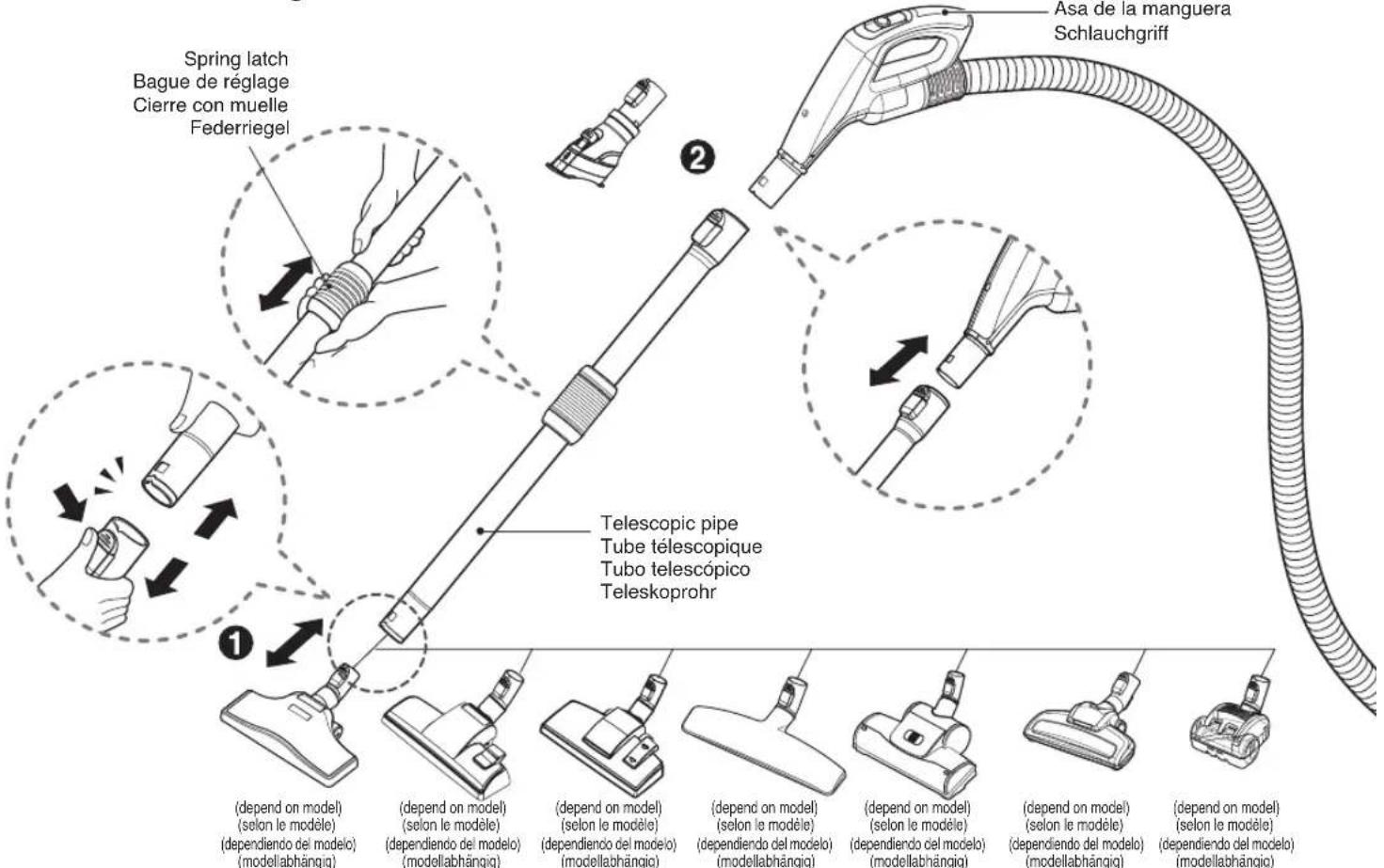 Federriegel Bague de réglage Cierre con muelle Federriegel Schlauchgriff Asa de la manguera Teleskoprohr Tube télescopique Tubo telescópico Teleskoprohr (modellabhängig) (selon le modèle) (dependiendo del modelo) (modellabhängig) (modellabhängig) (selon le modèle) (dependiendo del modelo) (modellabh…