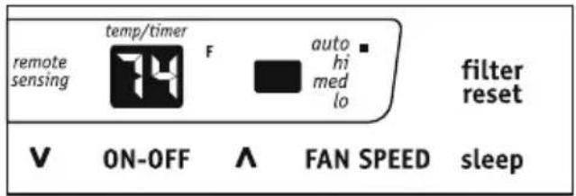 remote sensing temp/timer F auto hi med lo filter reset V ON-OFF ∧ FAN SPEED sleep
