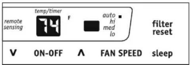 temp/timer remote sensing F auto hi med lo filter reset V ON-OFF ∧ FAN SPEED sleep