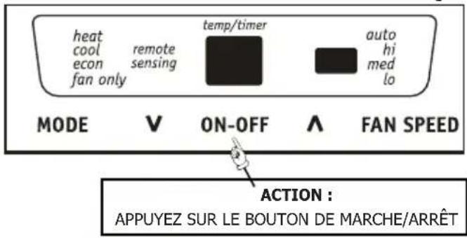 heat cool econ fan only remote sensing temp/timer auto hi med lo MODE V ON-OFF A FAN SPEED ACTION : APPUYEZ SUR LE BOUTON DE MARCHE/ARRÊT
