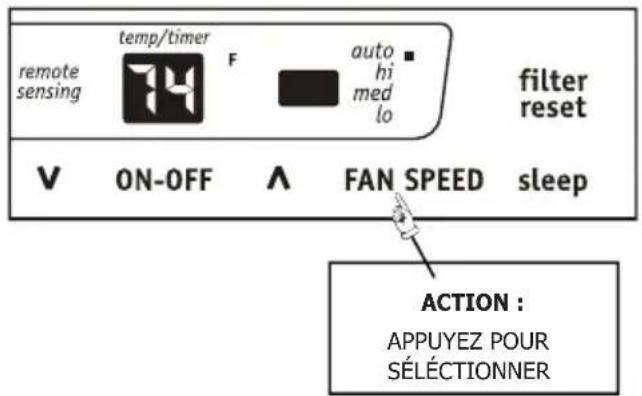 remote sensing temp/timer F auto hi med lo filter reset V ON-OFF ∧ FAN SPEED sleep ACTION : APPUYEZ POUR SÉLÉCTIONNER