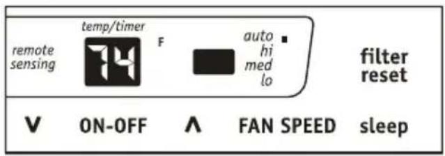 temp/timer remote sensing F auto hi med lo filter reset V ON-OFF ∧ FAN SPEED sleep