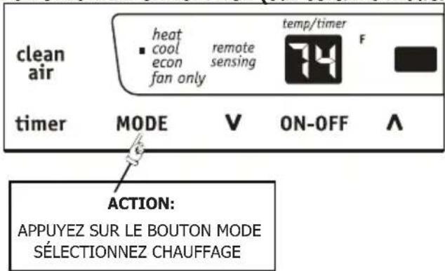 clean air heat cool econ fan only remote sensing temp/timer F timer MODE V ON-OFF A ACTION: APPUYEZ SUR LE BOUTON MODE SÉLECTIONNEZ CHAUFFAGE
