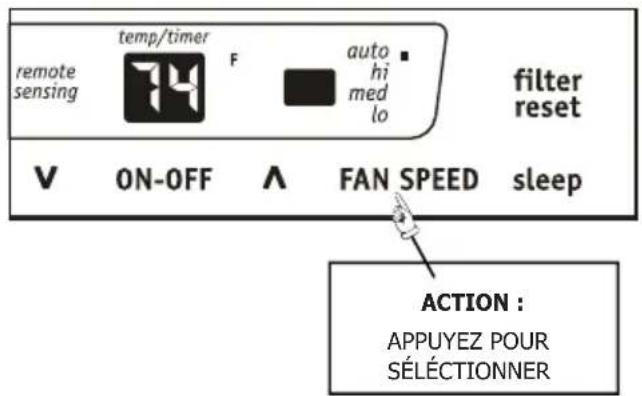 remote sensing temp/timer F auto hi med lo filter reset V ON-OFF ∧ FAN SPEED sleep ACTION : APPUYEZ POUR SÉLÉCTIONNER