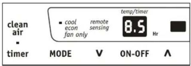 clean air * timer cool econ fan only remote sensing temp/timer 8.5 Hr MODE V ON-OFF A