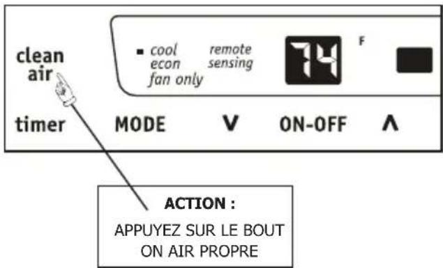 clean air timer cool econ fan only remote sensing F MODE V ON-OFF A ACTION : APPUYEZ SUR LE BOUT ON AIR PROPRE