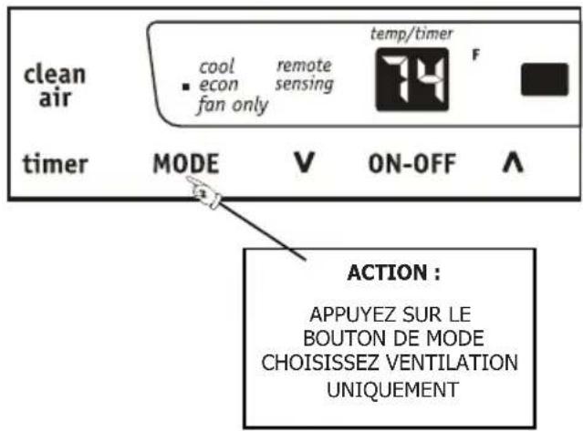clean air cool remote temp/timer F ■ econ sensing fan only timer MODE V ON-OFF A ACTION : APPUYEZ SUR LE BOUTON DE MODE CHOISISSEZ VENTILATION UNIQUEMENT