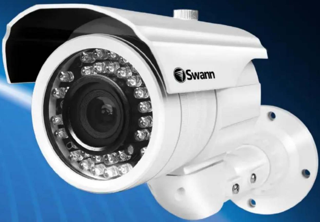 Exterior view of a white Swann surveillance camera with embedded lens and mounting base (no text or symbols on body)
