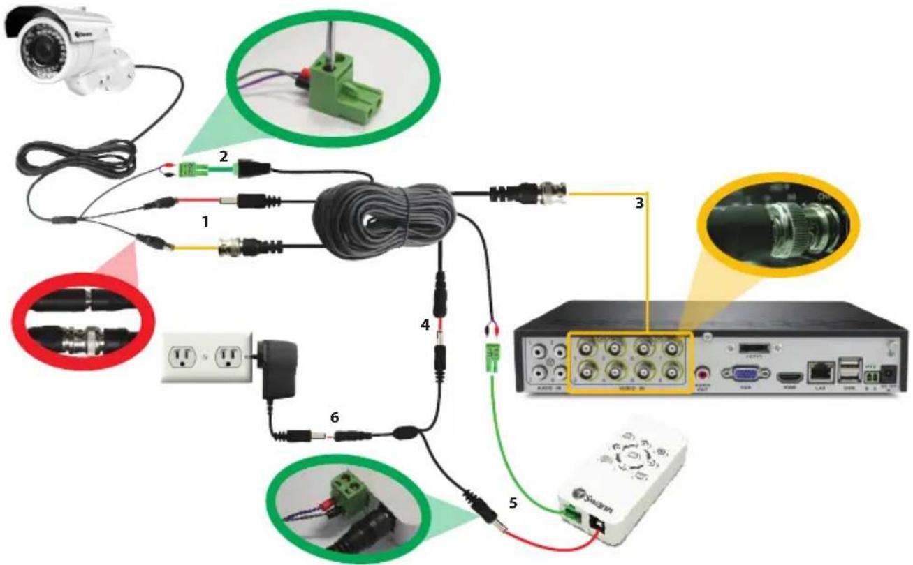 Diagram showing connections between surveillance camera, cable, switch, and network equipment with labeled components