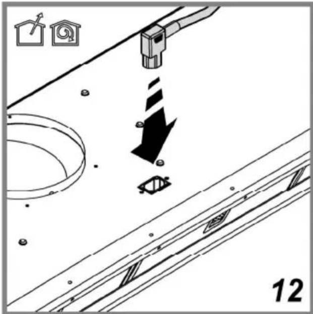Diagram illustrating a mechanical or electrical installation with labeled components and directional arrows, including icons for home symbols and a page number 12.